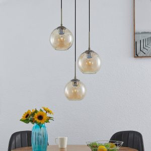 Lindby Jurian függő lámpa 3izzó sárgaréz/borostyán
