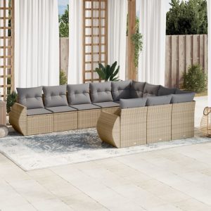 10 részes bézs polyrattan kerti ülőgarnitúra párnával