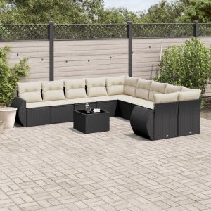 11 részes fekete polyrattan kerti ülőgarnitúra párnákkal