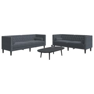 2 részes sötétszürke bársony chesterfield kanapészett párnákkal