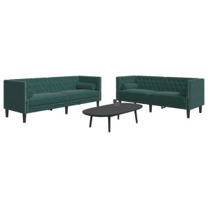 2 részes sötétzöld bársony chesterfield kanapészett párnákkal
