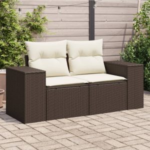 2 személyes barna polyrattan kerti kanapé párnával