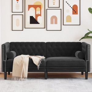 2 személyes fekete bársony chesterfield kanapé hengerpárnákkal
