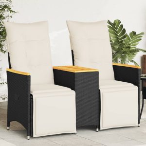 2 személyes fekete polyrattan dönthető kerti kanapé asztallal