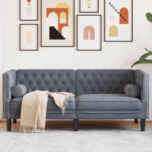 2 személyes sötétszürke bársony chesterfield kanapé párnákkal