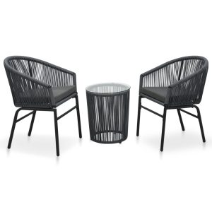 3-részes antracitszürke pvc rattan bisztrószett párnákkal