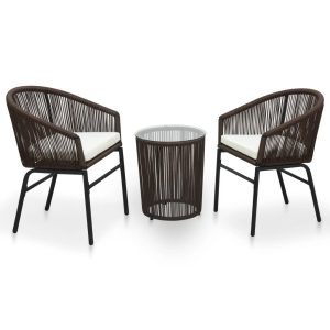 3-részes barna pvc rattan bisztrószett párnákkal