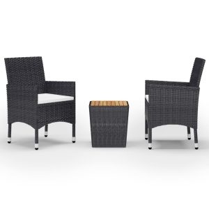 3 részes fekete polyrattan és akácfa bisztrószett