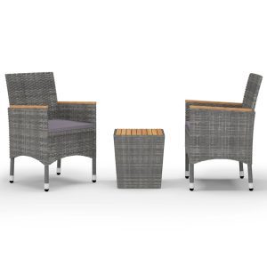 3 részes szürke polyrattan és akácfa bisztrószett
