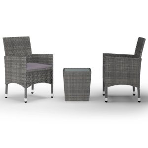 3 részes szürke polyrattan és edzett üveg bisztrószett