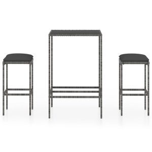 3 részes szürke polyrattan kerti bárszett párnákkal