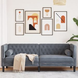 3 személyes sötétszürke bársony chesterfield kanapé párnákkal