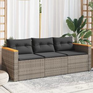 3 személyes szürke polyrattan kerti kanapé párnával