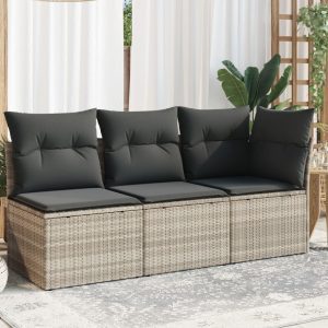3 személyes világosszürke polyrattan kerti kanapé párnával