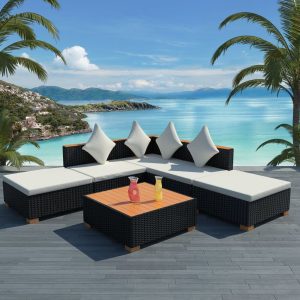 6-részes fekete polyrattan kerti bútorszett párnákkal