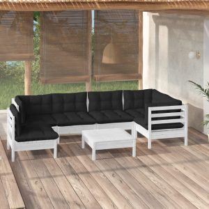 7 részes fehér fenyőfa kerti ülőgarnitúra párnákkal