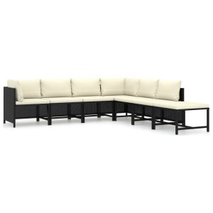7 részes fekete polyrattan kerti bútorszett párnákkal