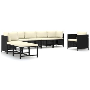 8 részes fekete polyrattan kerti bútorszett párnákkal