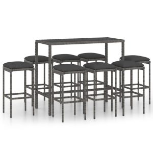 9 részes szürke polyrattan kerti bárszett párnákkal
