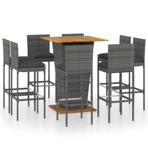 9 részes szürke polyrattan kerti bárszett párnákkal