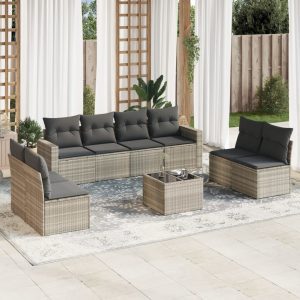 9 részes világosszürke polyrattan kerti ülőgarnitúra párnával