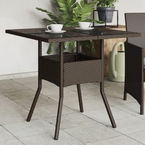 Barna polyrattan üveglapos kerti asztal 80 x 80 x 75 cm
