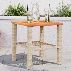 Bézs polyrattan és akácfa kerti asztal 40 x 40 x 42 cm