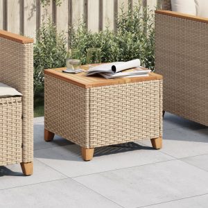Bézs polyrattan és akácfa kerti asztal 45 x 45 x 37 cm