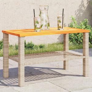Bézs polyrattan és akácfa kerti asztal 70 x 38 x 42 cm