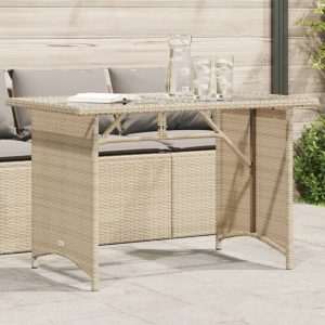 Bézs polyrattan üveglapos kerti asztal 110x68x70 cm