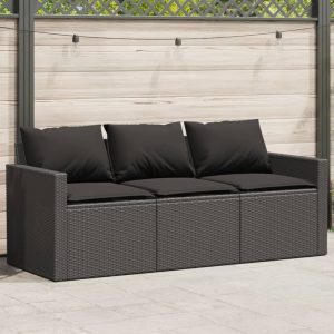 Fekete 3 személyes polyrattan kerti kanapé párnákkal