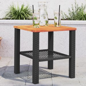 Fekete polyrattan és akácfa kerti asztal 40 x 40 x 42 cm