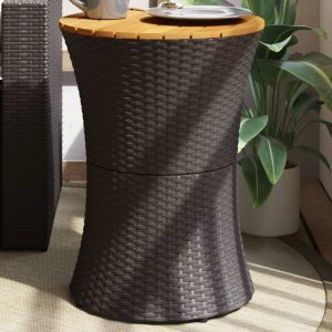 Fekete polyrattan és tömör fa kerti dob alakú kisasztal