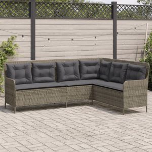 Szürke polyrattan l-alakú kerti kanapé párnákkal