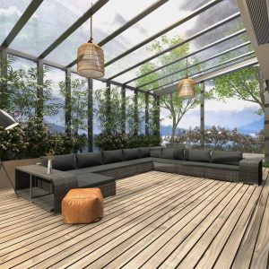 11-részes szürke polyrattan kerti bútorszett párnákkal