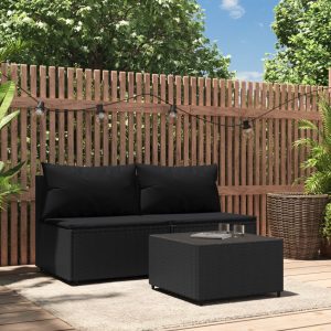 3 részes fekete polyrattan kerti ülőgarnitúra párnákkal