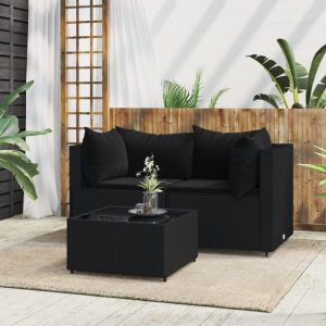 3 részes fekete polyrattan kerti ülőgarnitúra párnákkal