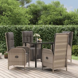 5 részes fekete és szürke polyrattan kerti étkezőszett párnával