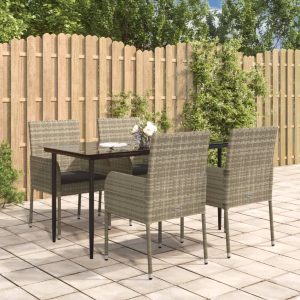 5 részes fekete és szürke polyrattan kerti étkezőszett párnával