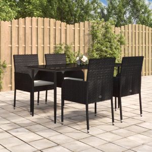 5 részes fekete polyrattan kerti étkezőgarnitúra párnákkal