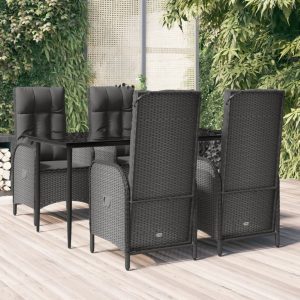 5 részes fekete polyrattan kerti étkezőgarnitúra párnákkal