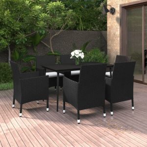 7 részes polyrattan és üveg kerti étkezőgarnitúra párnákkal