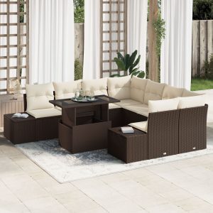 9 darabos kerti sofa szett barna rattan tárolóval négyzetes