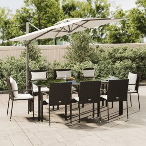 9 részes fekete polyrattan kerti étkezőgarnitúra párnákkal