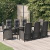9 részes fekete polyrattan kerti étkezőgarnitúra párnákkal