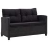 Fekete polyrattan kétszemélyes kerti kanapé párnákkal 124 cm