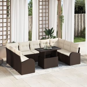 10 darabos kerti sofa szett párnákkal barna poli rattan