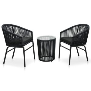 3-részes fekete pvc rattan bisztrószett párnákkal
