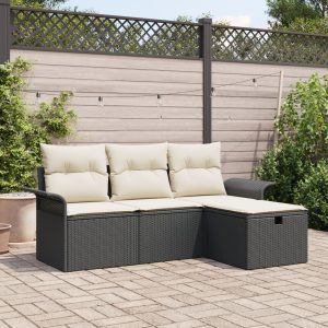4 darabos kerti sofa szett párnákkal fekete poli rattan
