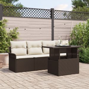 5 darabos kert sofa készlet párnákkal barna poli rattan